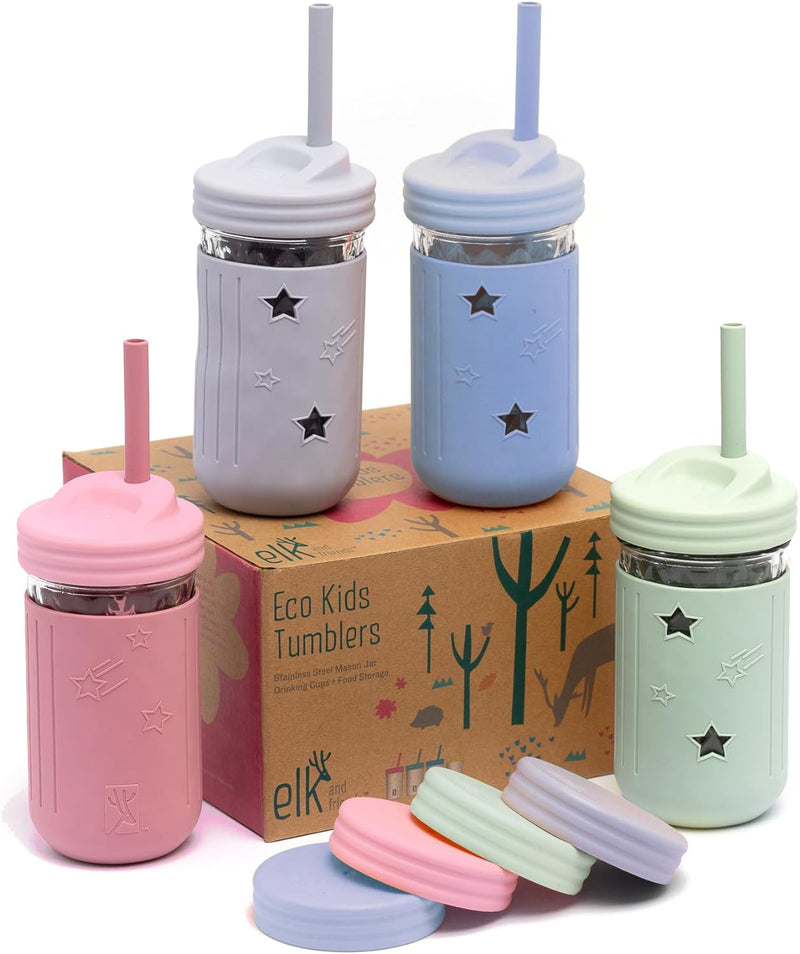 Elk and Friends Smoothie Cups For Kids & Toddler | The Original Glass Mason Jars 12 oz with Silicone Sleeves & Straws |Spill Proof|