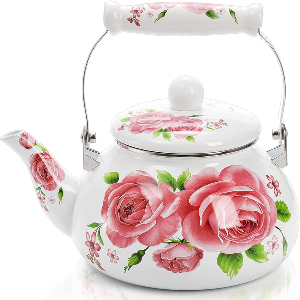 Hiceeden 2.5L Enamel Tea Pot for Stovetop, Pink Vintage Tea Kettle with Floral Pattern, Delicate Cute Steel Water Kettle Pot with Porcelain Handle