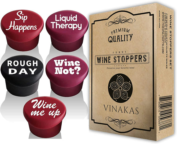 5 Funny Wine Stoppers - Perfect as Wine Accessories or Wine Gifts for Women - Set of 5 Funny Silicone Wine Bottle Stopper. A Great Christmas Gifts For Women Or Men. Better Than Wine Corks.