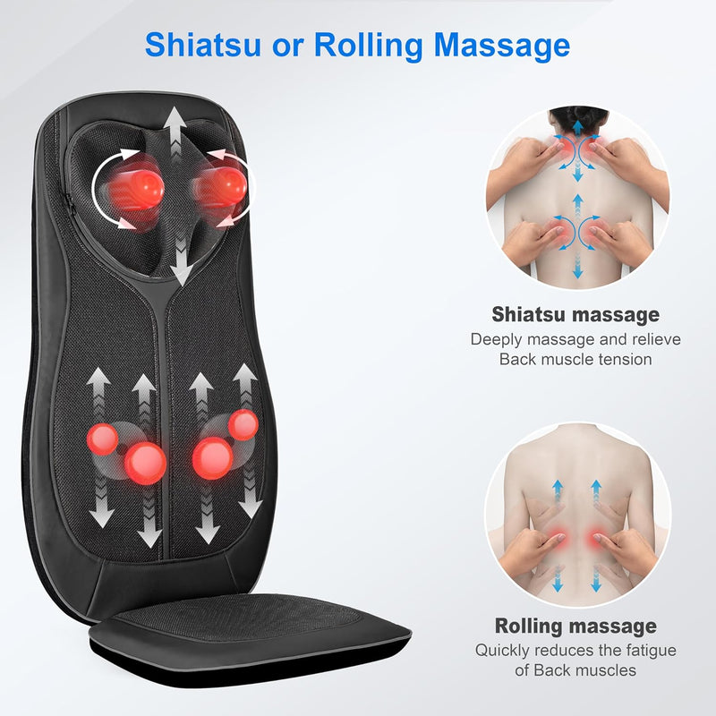 CooCoCo Shiatsu Neck & Back Massager with Heat - Kneading Massage Chair Pad for Full Body Pain Relief, Chair Massager with Height Adjustment, Gifts for Elder, Man or Woman