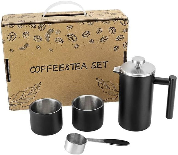 4 Pcs Stainless Steel French Press Coffee Maker Gift Set Travel Size Camping Coffee Set Coffee Lover Christmas Gift Set (SET B MATT BLACK)