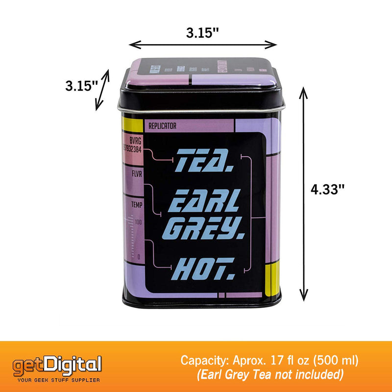 getDigital Tea Tin, Tea. Earl Grey. Hot. - Metal caddy with lid for loose leaf tea storage - Shows the replicator interface from a classic Sci-Fi TV Show - Capacity 17 fl oz