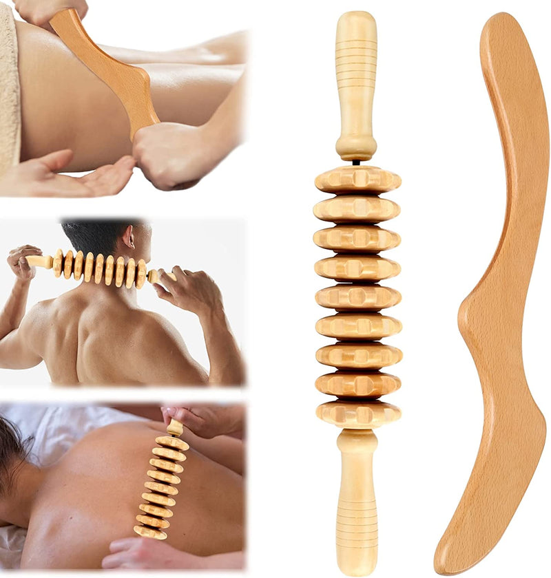 Openfly Wood Back Massage Roller Tool, 2Pcs Wood Therapy Massage Tools for Neck Leg Back Pain Relief, Lymphatic Drainage, Maderoterapia