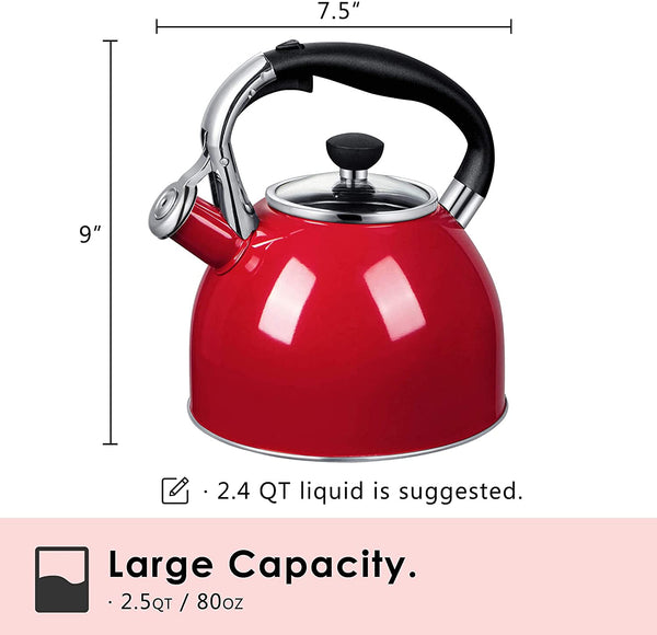 Rorence Whistling Tea Kettle: 2.5 Quart Stainless Steel Kettle with Capsule Bottom & Heat-resistant Glass Lid (Red)
