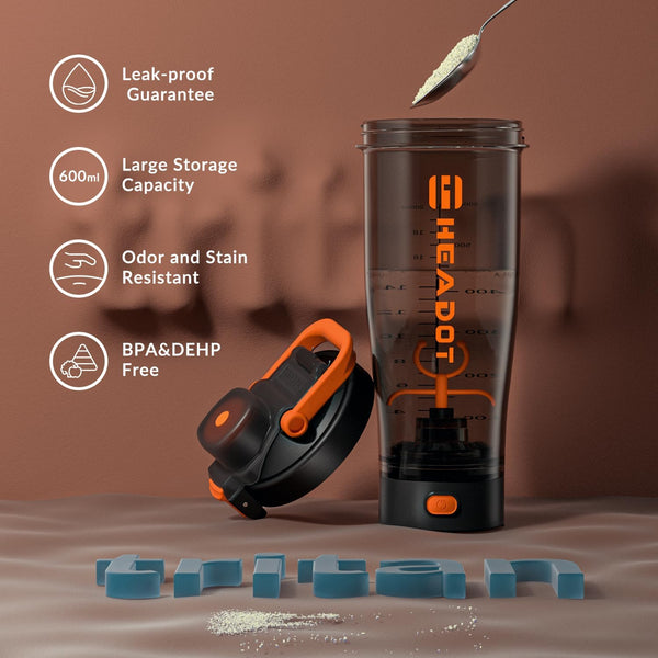 HeaDot Electric Protein Shaker Bottle, Blender Bottles for Protein Mixes, 24 Oz Echargeable Type-C Shaker Cup, Made with Tritan, BPA Free Shakers for Protein Shakes(Orange)