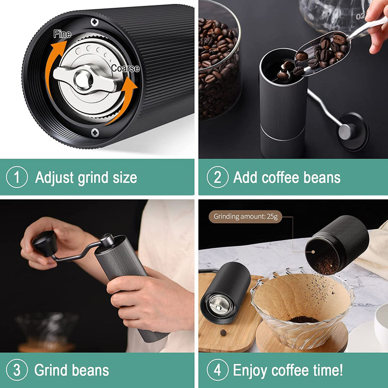 Manual Coffee Grinder CNC Stainless Steel Conical Burr Double Bearing and Internal Adjustable Setting Foldable Handle Portable Small Hand Grinder for Gift giving Home Office Camping Traveling Black