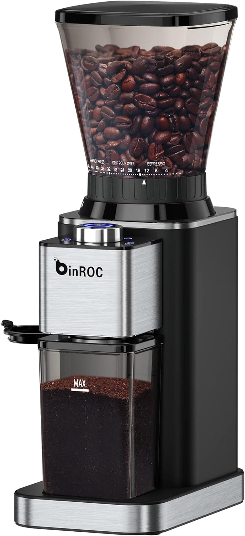 Anti-static Conical Burr Coffee Grinder with 48 Grind Settings, binROC Adjustable Electric Coffee Bean Grinder for 2-12 Cups (Stainless Steel)