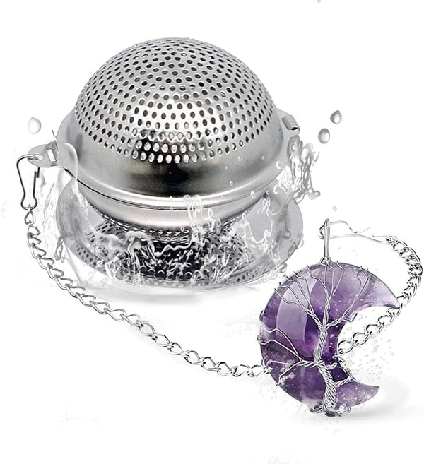 Tea Infuser, Scdom Food Grade 304 Stainless Steel Mesh Tea Ball with Amethyst Tree of Life Tea Strainer, Crescent Moon Pendant Crystal Stone Tea Ball Tea Filter for Loose Tea Leaves Spices Seasonings