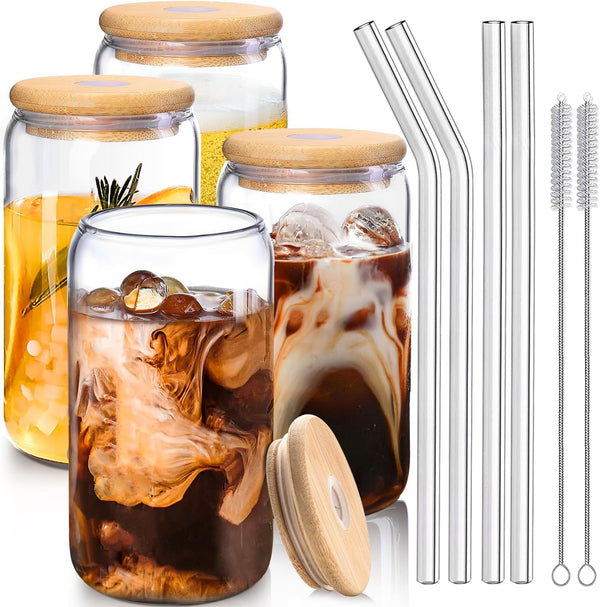 Porkus Glass Cups with Lids and Straws 4pcs,Glass Iced Coffee Cups with Lids 16oz-Drinking Glasses,Cute Cups Glass Coffee Cups with Silicone Sleeve/Stickers