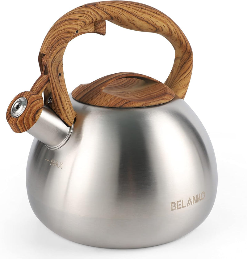 Tea Kettle, BELANKO 102 OZ / 3 Liter Whistling Tea Kettle, Tea Pots for Stove Top Food Grade Stainless Steel with Wood Pattern Handle, Loud Whistle Kettle for Tea, Coffee, Water, Milk - Black Green