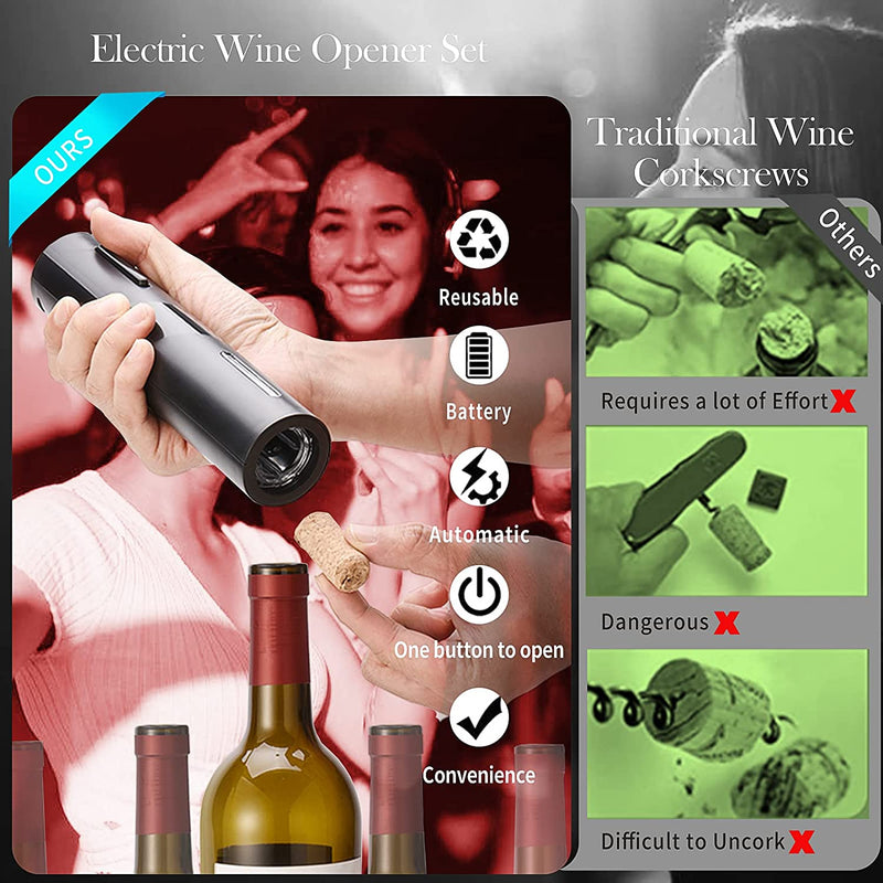 Electric Wine Opener Set, Automatic Corkscrew Opener Kit, Battery Operated Openers for Wine Bottles with Foil Cutter, Wine Aerator Pourer, Vacuum Stoppers. 5-in-1 multifunctional wine accessories