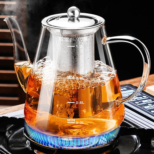PARACITY Glass Teapot Stovetop 41 OZ/1200ml, Tea pot with Removable Stainless Steel Infuser, Borosilicate Clear Tea Kettle with Scale, Teapot Blooming and Loose Leaf Tea Maker Tea Brewer for Camping