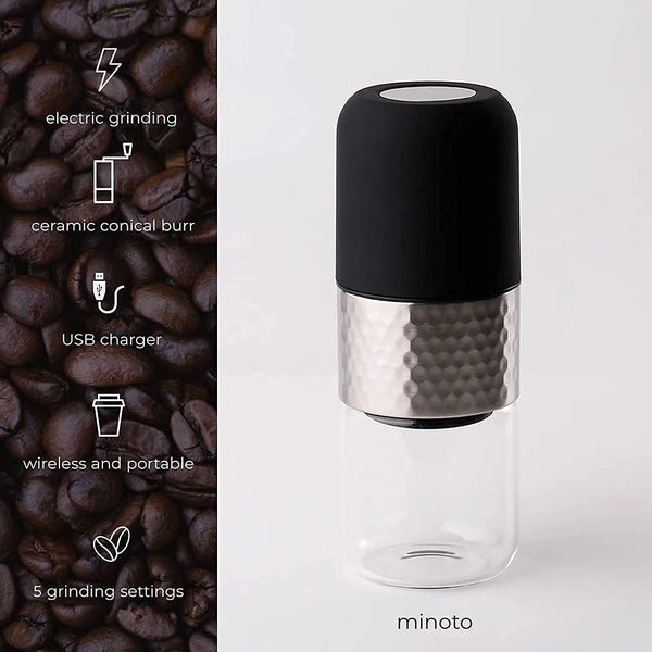 Minoto Electric Ceramic Conical Burr Coffee Grinder - 5 Adjustable Grind Settings - Whole Bean Mill for Aeropress, Drip Coffee, Espresso, French Press, Cold Brew - Portable & Travel Friendly