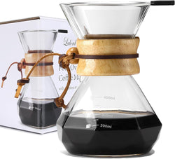 Lalord Pour Over Coffee Maker with Stainless Steel Filter, 20 oz Borosilicate Glass Coffee Carafe, Wooden Collar, Coffee Maker Carafe, Hold 3-4 Cups, 600 ml, Clear