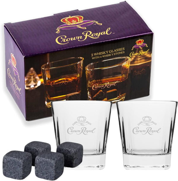 Whiskey Glasses Set of 2 Crown Royal Whiskey Glass and Stone Set 2 Scotch Glasses and 4 Unique Chilling Granite Rocks | Whiskey Stone Gift Set for Men Compatible