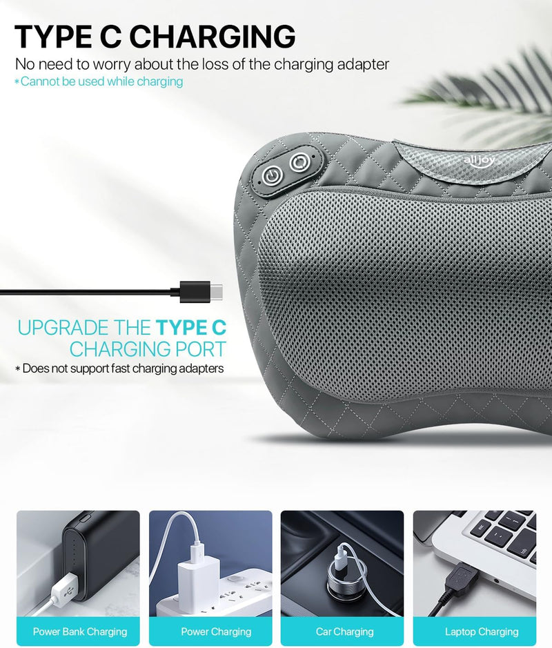 ALLJOY Cordless Shiatsu Neck and Back Massager with Soothing Heat, Rechargeable 3D Kneading Massage Pillow for Muscle Pain Relief, Use Unplugged, Detachable Cover