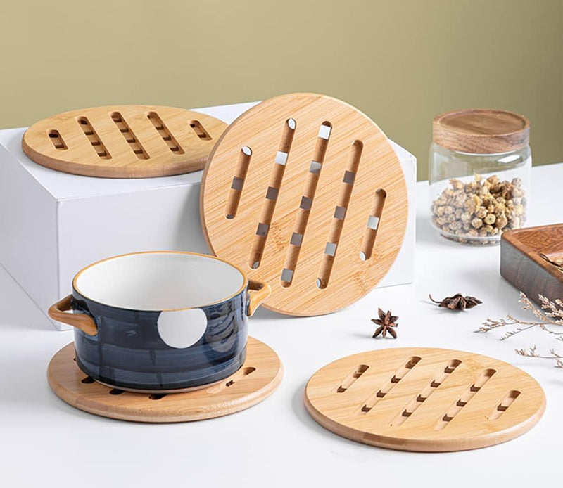 Lawei 8 Pack Bamboo Trivet Mat Set, Kitchen Wood Non-Slip Coaster, Hot Pads Trivet with Non-Slip Pads Heat Resistant Pads, for Hot Dishes Pot Bowl, Teapot, Hot Pot Holders, Square and Round