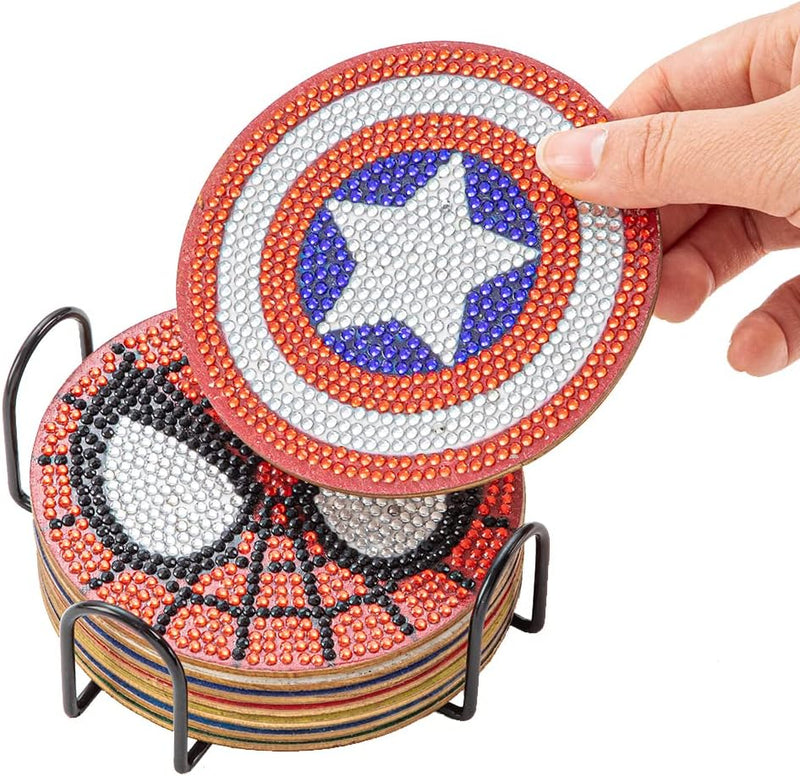 Diamond Painting Coasters Tea Coasters Coffee Mats 8-Pack with Stands Marvel Super Heroes Theme Washable Mugs Tea Cups Coffee Cups Water Cups for Adults and Kids（017）