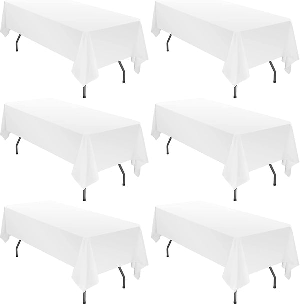6 Pc White Polyester Tablecloth Set - 60x102 Inch for 6ft Rectangular Tables - Stain  Wrinkle Resistant - Washable Cloth for Wedding Party Banquet
