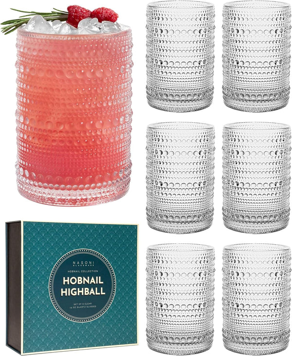 NASONI GLASSWARE 14 oz Hobnail Highball Glasses Set of 6 (Clear) - Embossed Beaded Glass Tumbler Vintage XL Drinkware Double Old Fashioned Cups for Beverages, Cocktails, Margaritas, Juice, Water