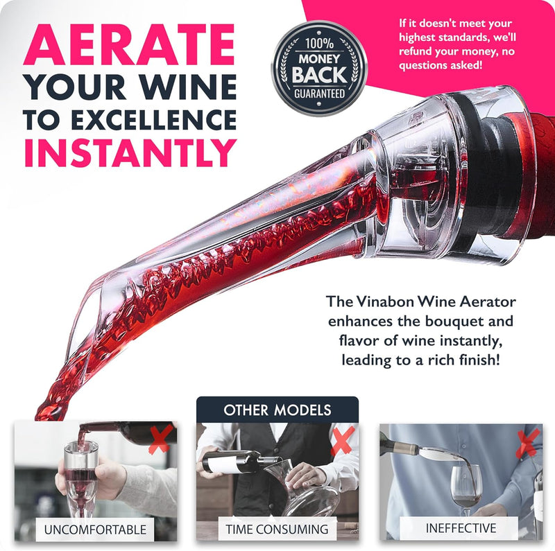 VINABON Wine Aerator Pourer Spout - Professional Quality Wine Aerator Attaches to Wine Bottle for Improved Flavor, Enhanced Bouquet, Rich Finish and Bubbles, No-Drip, Spill. Includes WineGuide Ebook