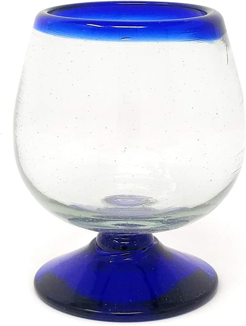 Mexican Hand Blown Glass – Set of 4 Hand Blown Cognac Snifter Glasses - Cobalt Blue Rim