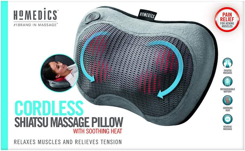 HoMedics Cordless Shiatsu All-Body Massage Pillow with Soothing Heat, Reverse Function, Rechargeable Battery, and Integrated Controls –Lightweight