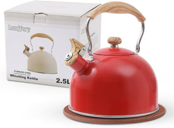 LONFFERY Tea Kettle, 2.5 Quart Whistling Tea Kettle, Tea Pots for Stove Top Food Grade Stainless Steel with Wood Pattern Folding Handle - Red