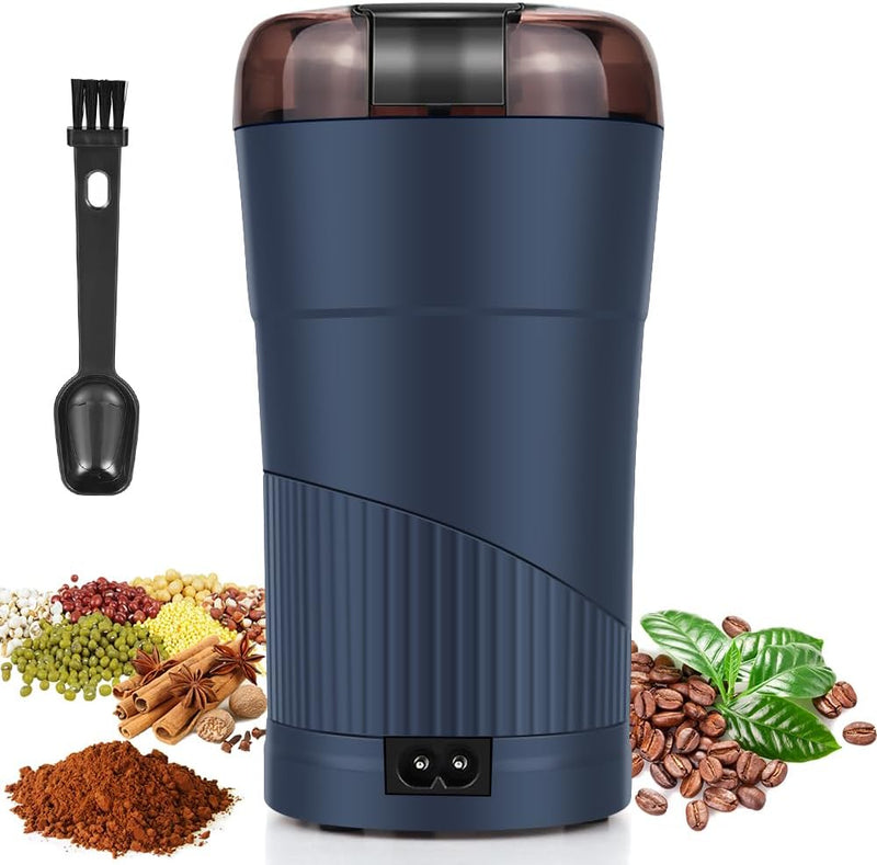 Finphoon Coffee Grinder Electric, Spice Grinder, Coffee Bean Herb Grinder with Integrated Brush Spoon, One-touch Push-Button Stainless Steel Grinding for Herb Peanut Grains Beans(Blue)