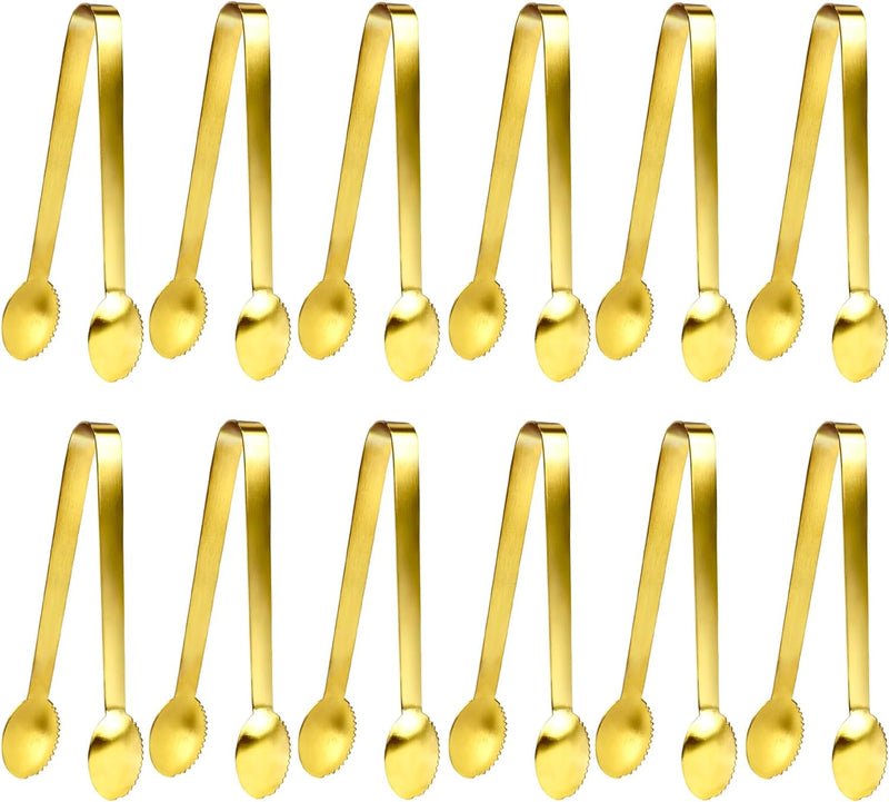 JCREN 12 Pcs Serving Tongs, Small Serving Utensils for Parties Catering Gold Tongs, Food-Grade 304 Stainless Steel Mini Appetizer Tongs for Tea Party Coffee Bar, 4" Sugar Tongs - Gold