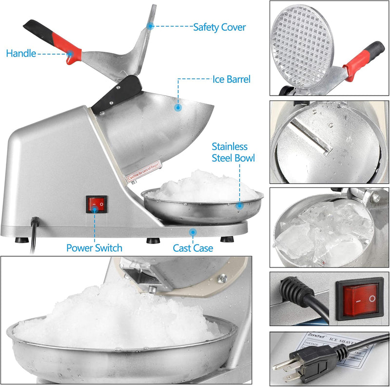 ZENY Electric Ice Crushers 300W 2000r/min w/Stainless Steel Blade Shaved Ice Snow Cone Maker Kitchen Machine (Silver)