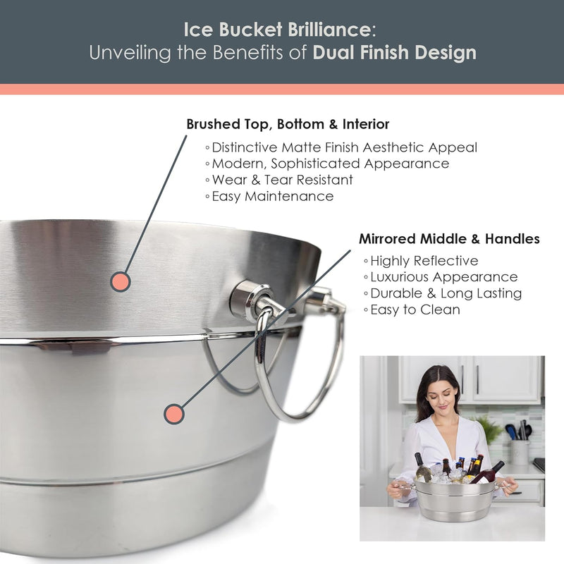BREKX Stainless Brushed Steel Beverage Tub, Double Wall Insulated Anchored Ribbed Drink Tub & Ice Bucket with Double Hinged Handles, Drink Chiller for Parties, Round, 12QT (3 Gallon), 100% Leak Proof