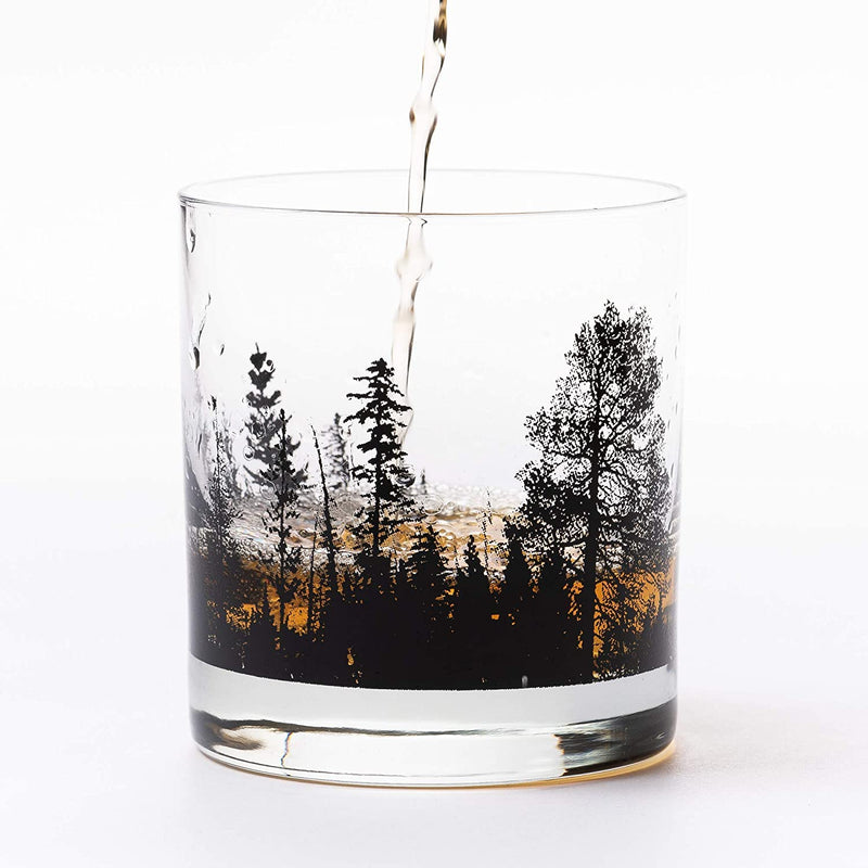 Black Lantern Whiskey Glasses – Forest Landscape Cocktail Glasses - Set of 2 Glasses - Old Fashioned Rock Glass Set - 11oz. Tumbler Glass