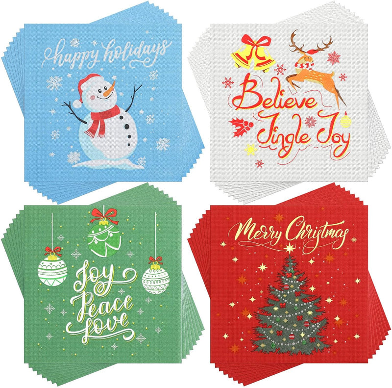 100 Pcs Christmas Napkins Snowman Paper Napkins Merry Christmas Tree Snowflake Cocktail Napkins Xmas Elk Guest Paper Towel for Winter Holiday New Year Family Gathering Party Supplies