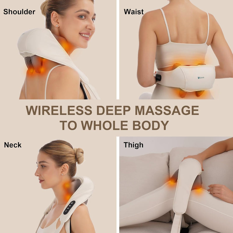 Ripoa Electric Neck and Shoulder Massager with Heat, Cordless Kneading Back Trapezius Shiatsu Massage Pillows for Pain Relief Deep Tissue Gift Ideals