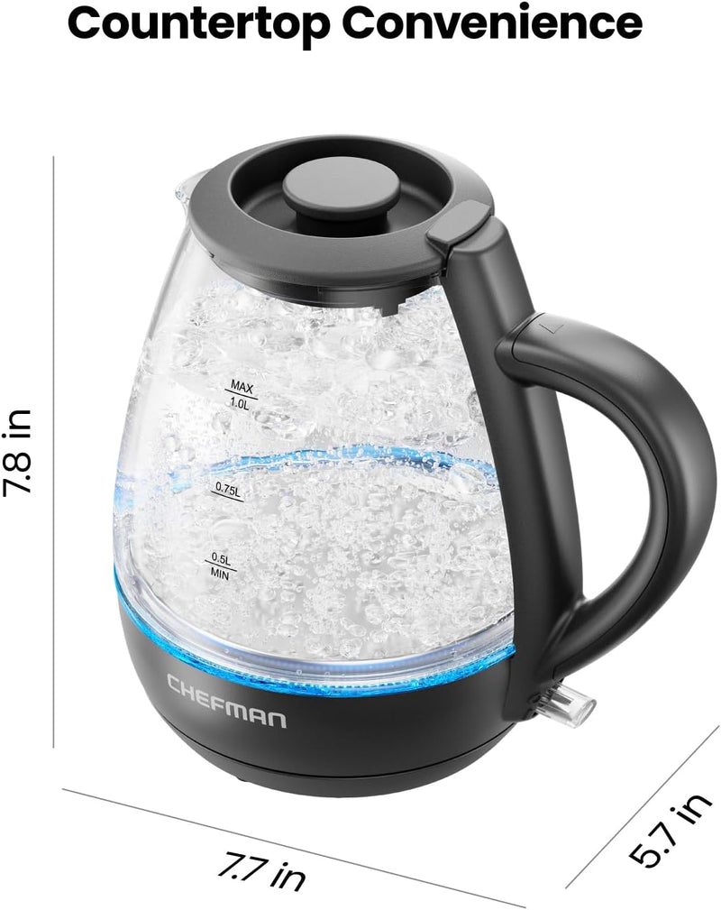 Chefman 1L Electric Tea Kettle with LED Lights, Automatic Shut Off, Removable Lid, Boil-Dry Protection, Hot Water Electric Kettle Water Boiler, Electric Kettles for Boiling Water