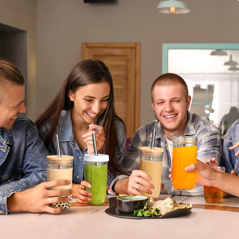 [ 4 Pack ] Glass Cups Set - 24oz Mason Jar Drinking Glasses w Bamboo Lids & Straws 2 Airtight Cute Reusable Boba Bottle, Iced Coffee Glasses, Travel Tumbler for Bubble Tea, smoothie, Juice