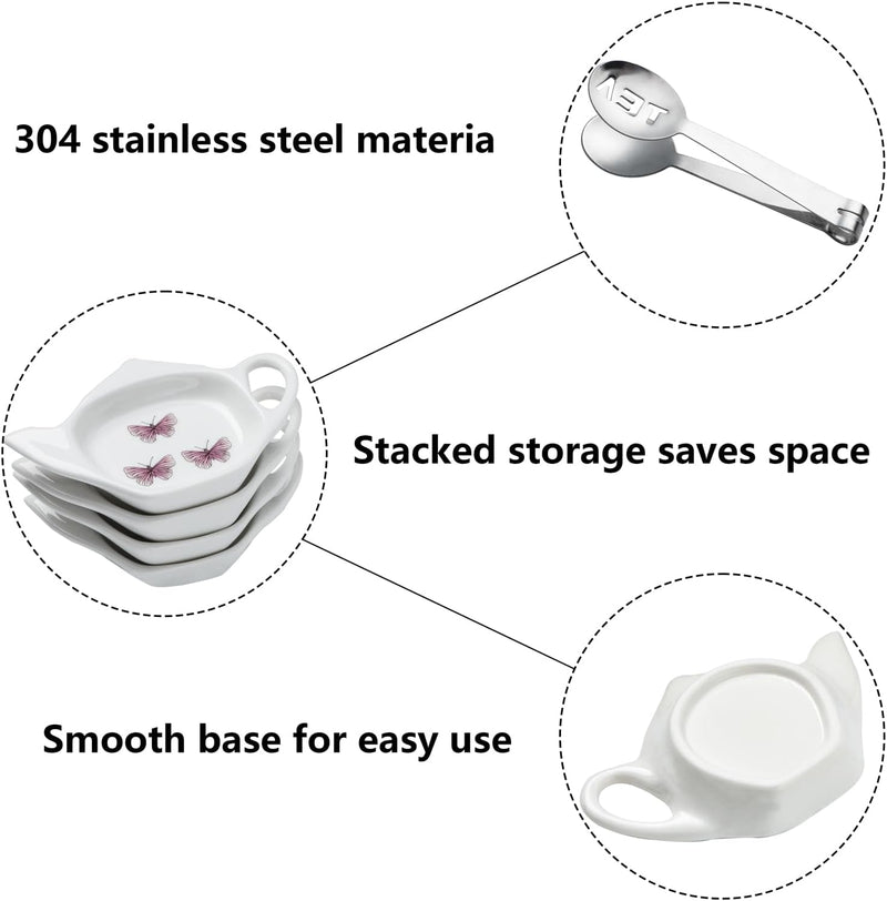 Tea Bag Coaster Set of 6 White Ceramic Tea Bag Holder for Used Tea Bag and Stainless Steel Tea Bag Squeezer (style1)