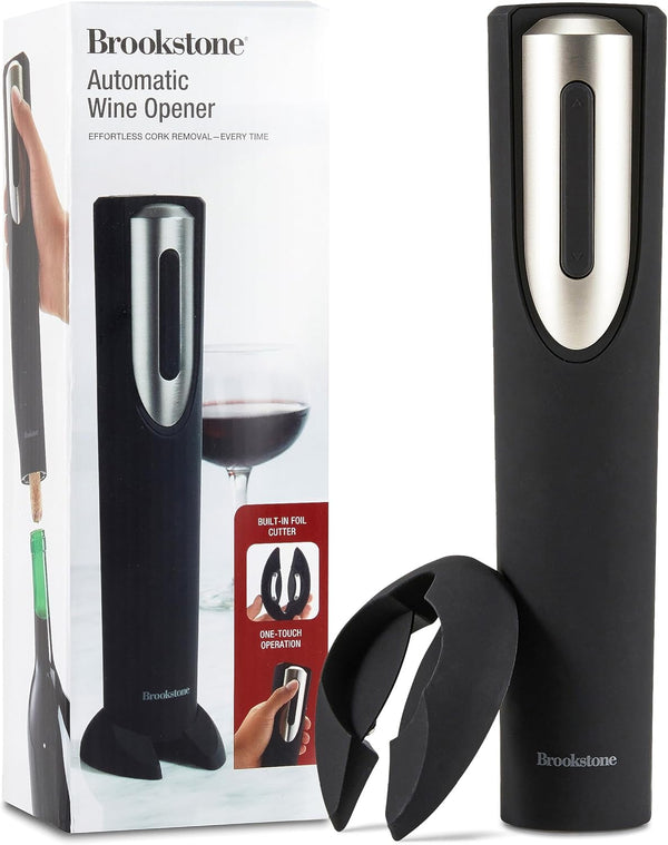 Brookstone Electric Wine Opener & Foil Cutter with Stand, Automatic Wine Bottle Opener, Battery Operated Corkscrew Opener, Kitchen, Wine Gifts for Men