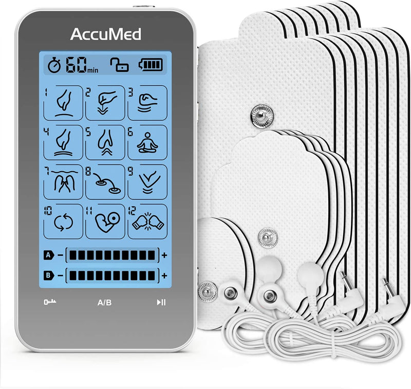 AccuMed TENS Unit Muscle Stimulator & Electronic Pulse Massager with 2 Channels - 12 Modes, Pain Management Device with 20 Intensities for Back, Neck, Acupuncture, Rechargeable Battery (AC-AP315)