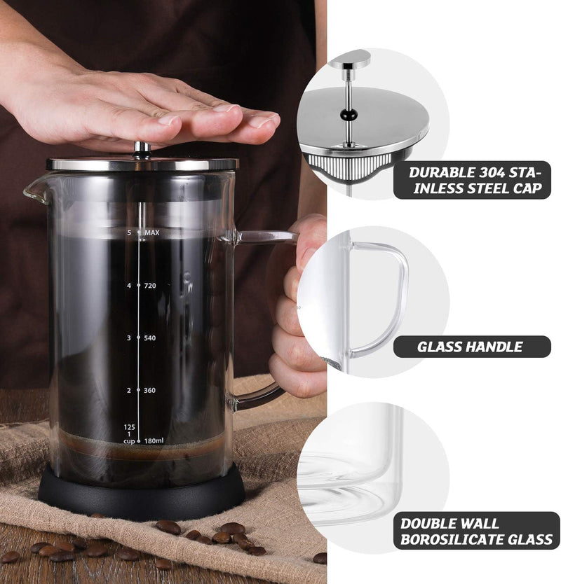 VEVOK CHEF French Press Coffee Tea Maker Heat Resistant Glass 4 Level Filtration System Borosilicate Glass Coffee Press Glass Teapot Large Coffee Pot 34 Oz no grounds