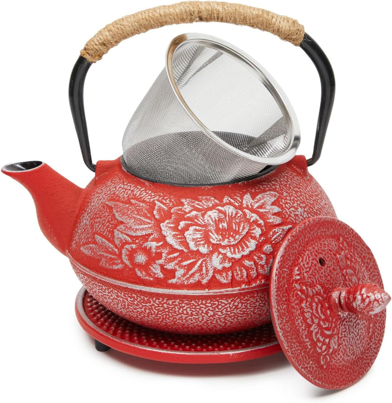 Cast Iron Teapot with Infuser - Japanese Tea Kettle, Loose Leaf Tetsubin with Handle and Trivet (Blue, 3 Pcs, holds 27 oz, 800 ml)