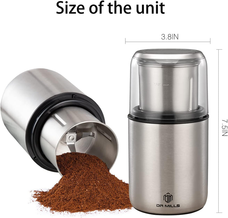 DR MILLS DM-7452 Electric Coffee Grinder,Spice Grinder Electric and chopper,detachable cup,Grinder diswash free, Blade & cup made with SUS304 stianlees steel