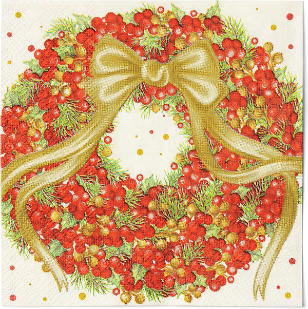 100 Christmas Berry Wreath Cocktail Beverage Napkins 3 Ply Holiday Disposable Paper Napkin Berries with Bow Dessert Napkins for Home Dinner Buffet Xmas Decorative Tableware Party Supplies Decorations