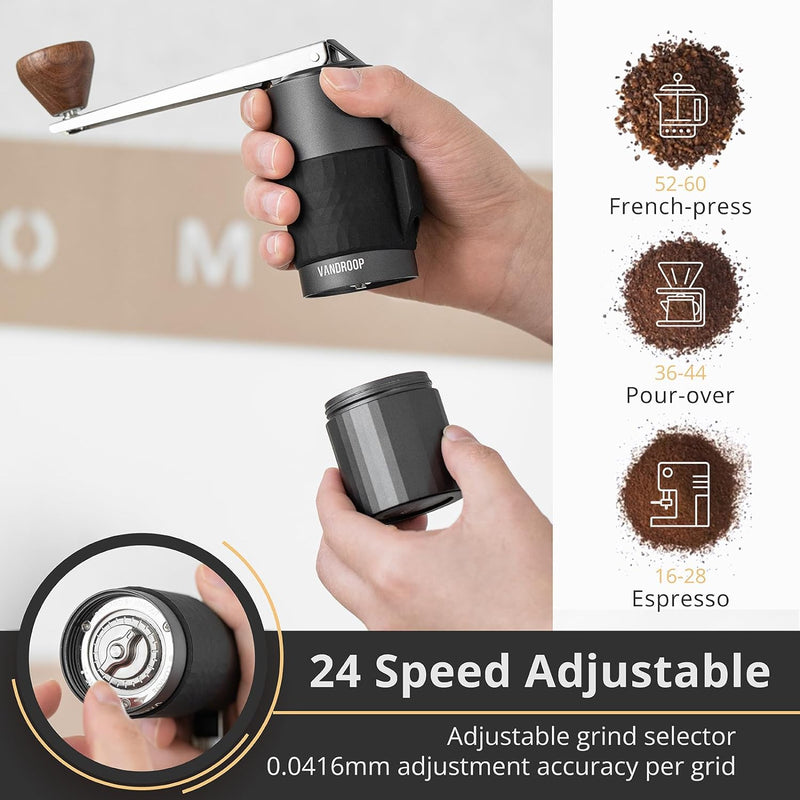 Vandroop Manual Coffee Grinder with Folding Handle, Adjustable Hand Coffee Grinder with Stainless Steel Conical Burr, Portable Burr Coffee Grinder for Travel, Camping, Kitchen, Gift