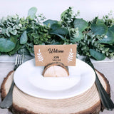 30 Pcs Rustic Wood Wedding Place Card Holders with 32 Pcs Kraft Tented Cards Half-Round Table Numbers Holder Stand Wooden Memo Holder Card Photo Picture Note Clip Holders Escort Card Holder
