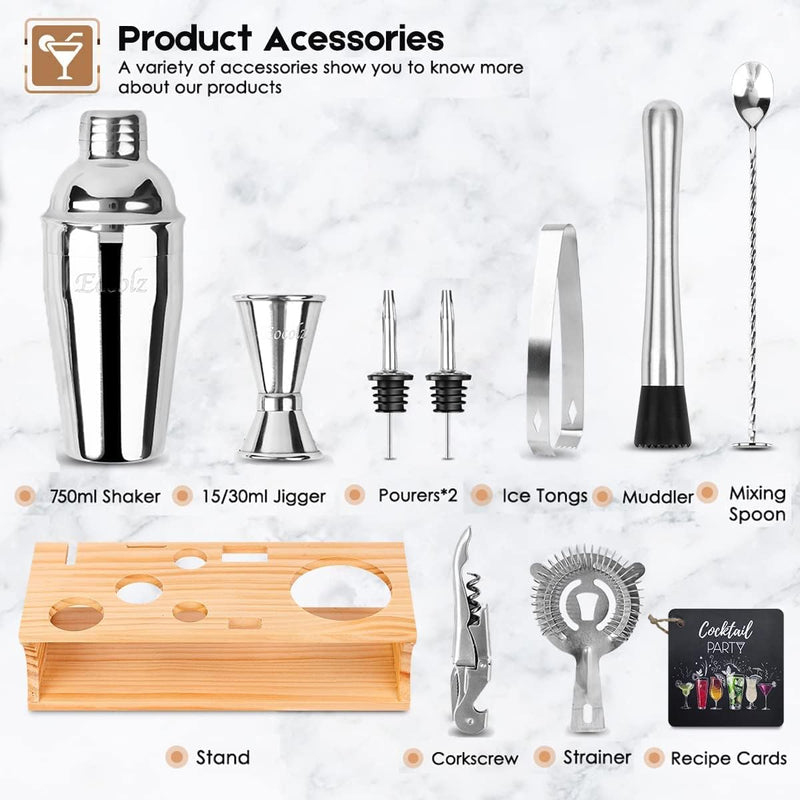 Bartender Kit Cocktail Shaker Set with Stand Bar Tool Bar Set for Drink Mixing Home Bartending Kit 11-Piece Bar Cart Accessories: Martini Shaker, Mixer Spoon, Jigger, Muddler, Strainer & Recipes Gifts