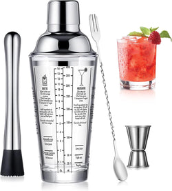 Glass Cocktail Shaker Stainless Steel Leak-Proof Lid Boston Shaker Martini Shaker Beginner Bartender Kit with Jigger 22oz Mixed Drink Shaker with Measurements Ice Shaker Mixing Glass Bar Tools