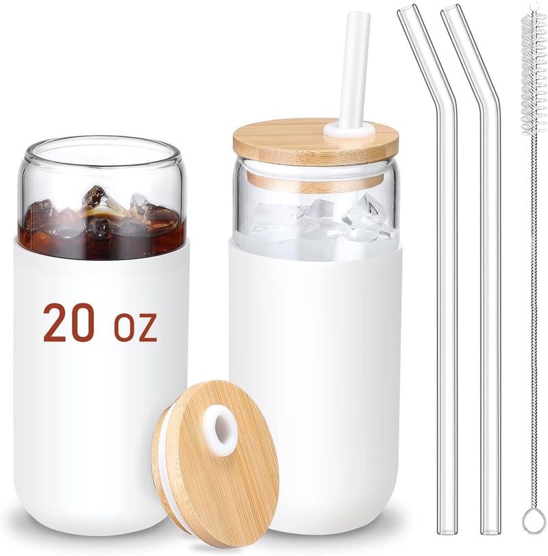 20 OZ Glass Cups with Bamboo Lids and Straws - Beer Can Shaped Drinking Glasses with Silicone Protective Sleeve Set for Iced Coffee, Water, Smoothie, Boba Tea, Gift, 2 Colors