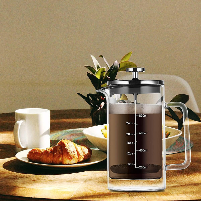 Upspirit French Press Coffee Maker, Coffee Presses Glass Double Wall Insulated Hot Cold Brew Coffee Tea Maker, 6 Cup Espresso Pot With 3 Filters, 27oz/800ml